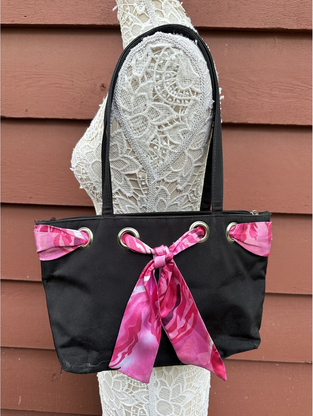 Black Tote Bag with‎ Pink Scarf Detail